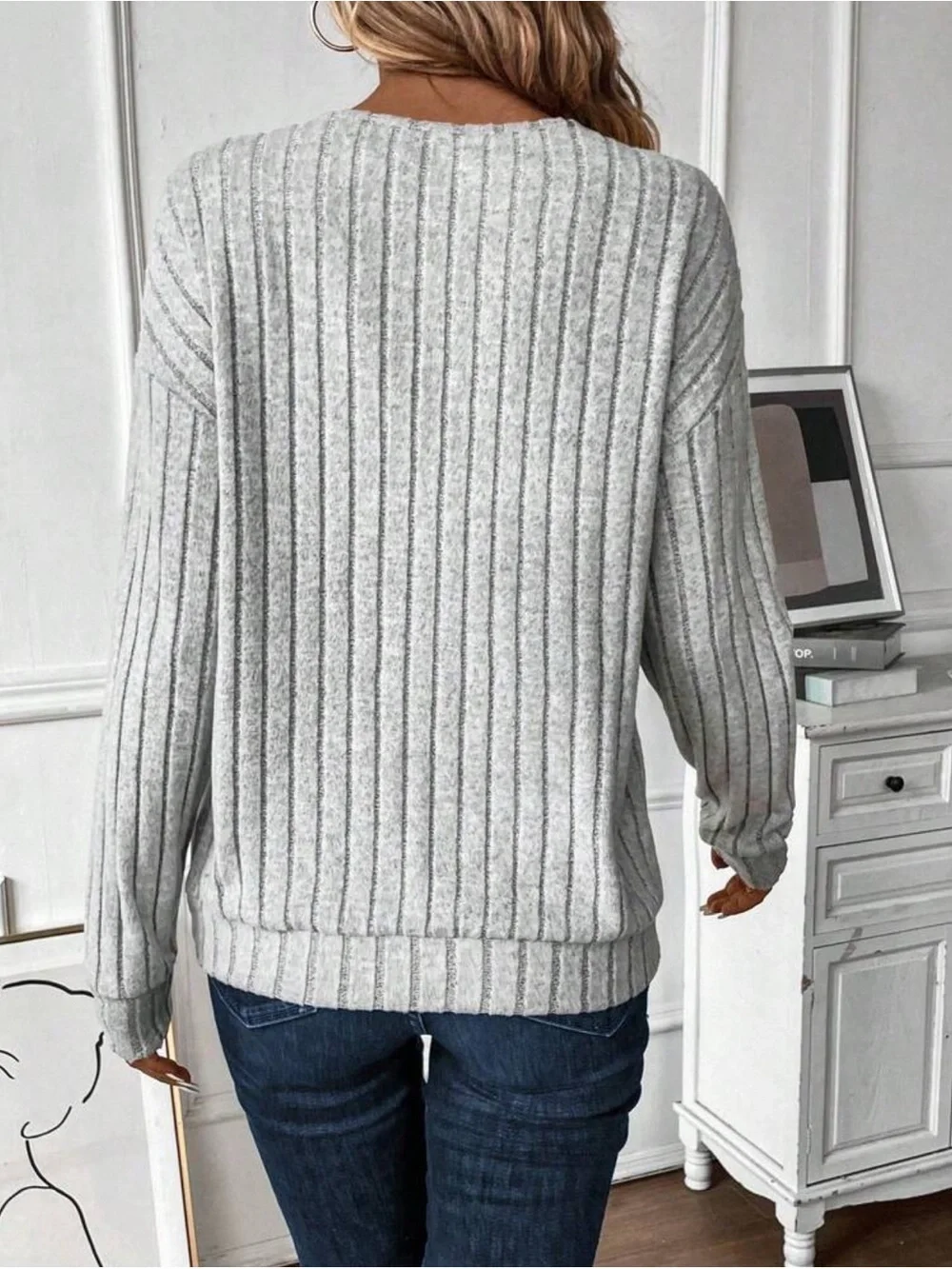 Women's Ribbed V-Neck Grey Sweater